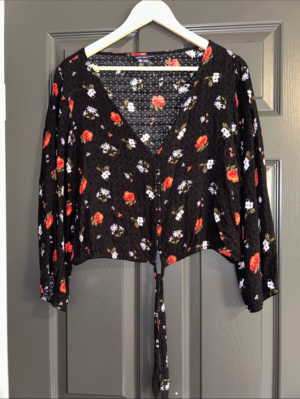 Floral Tie-Front V-Neck Crop Top - Black with Red & lilac Flowers